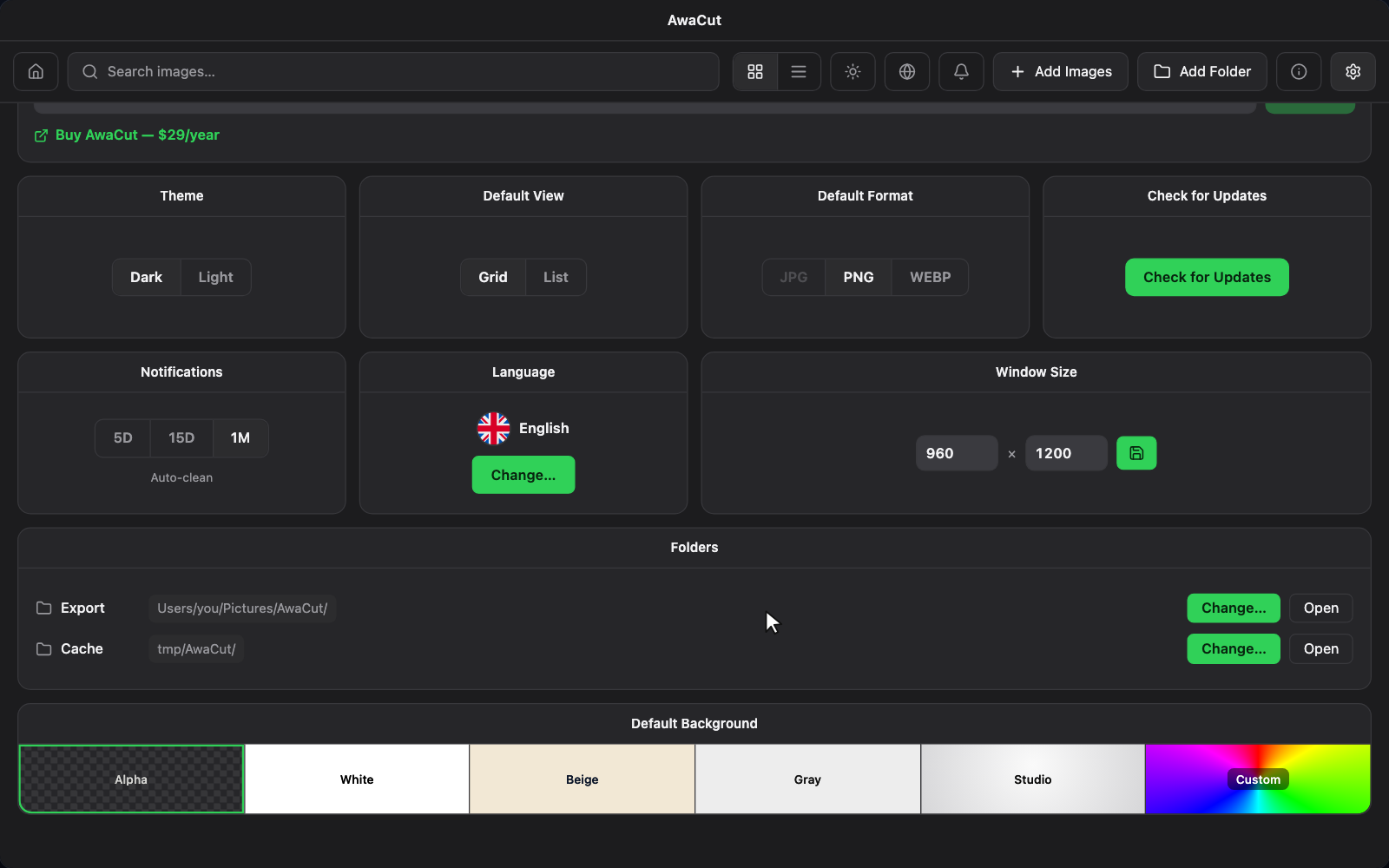 The AwaCut settings screen with license, theme, default view and format, language, folders and default background