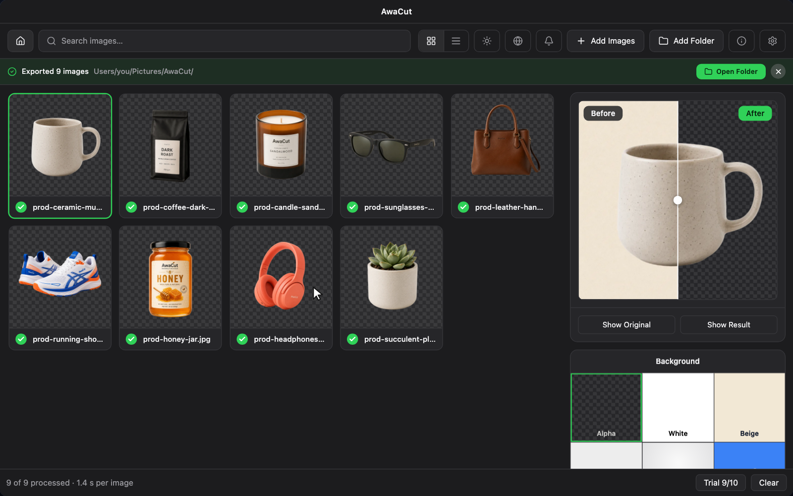 The AwaCut desktop app with a finished batch of product photos and a before/after preview