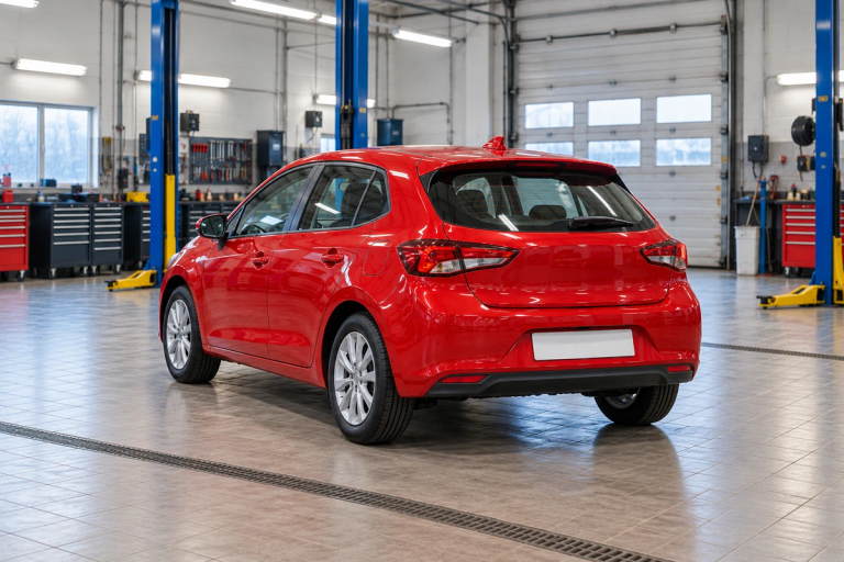Původní fotka auta, za ním plocha autobazaru, ulice nebo garáž