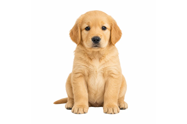 Oturan bir golden retriever yavrusunun düz beyaz arka planda stüdyo fotoğrafı
