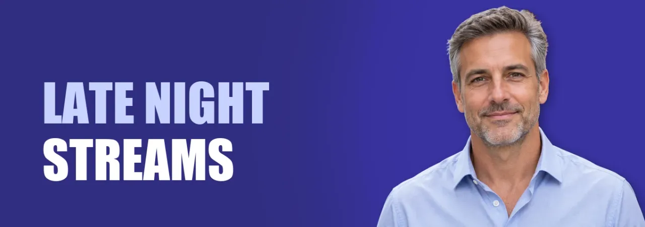 Ukázkový banner profilu na Discord: sytě indigový, slova LATE NIGHT STREAMS a výřez šedovlasého muže