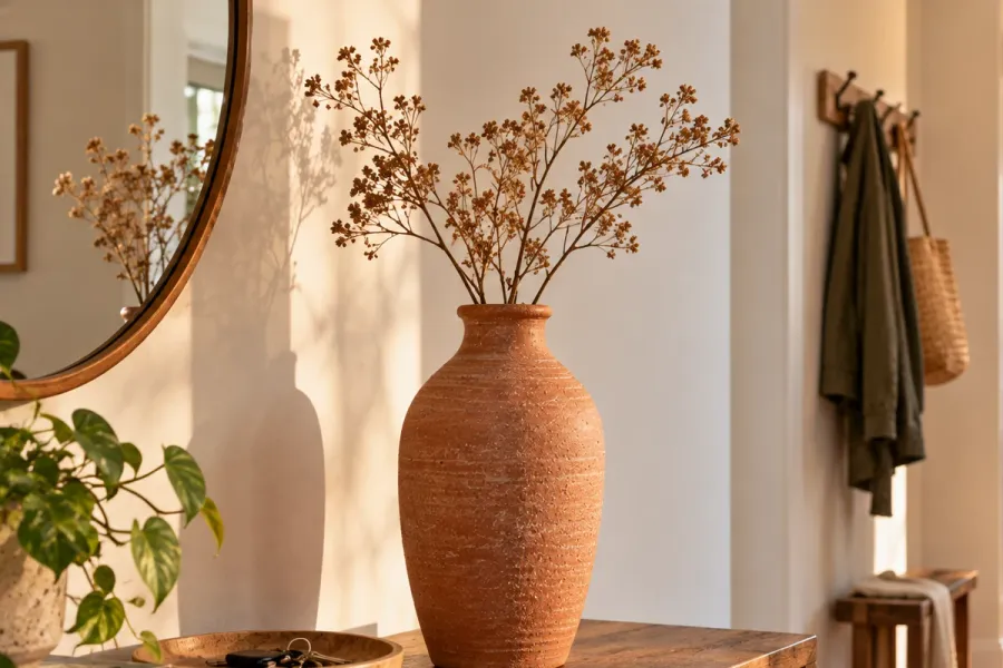 Foto einer Terrakottavase auf einem Konsolentisch