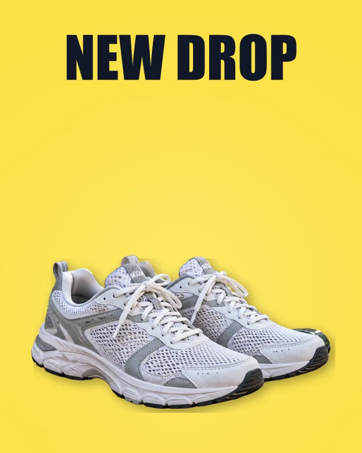 Eksempel på Instagram opslag: hvide løbesko på en klar gul baggrund med ordene NEW DROP