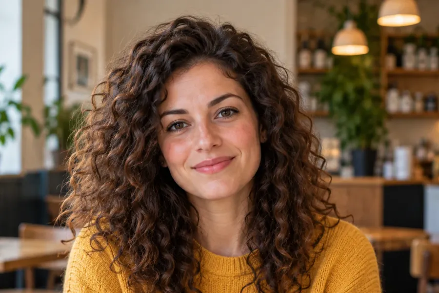 Porträt einer Frau mit langen dunklen Locken und senfgelbem Pullover in einem Café