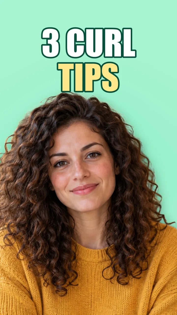 Beispiel für ein Instagram Reel-Titelbild: eine Frau mit dunklen Locken auf mintgrünem Hintergrund mit den Wörtern 3 CURL TIPS