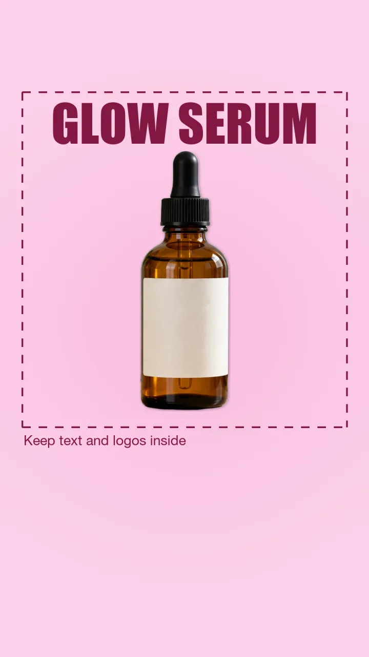 Ukázková Instagram story: lahvička se sérem na růžovém pozadí se slovy GLOW SERUM uvnitř čárkovaného rámečku bezpečné zóny