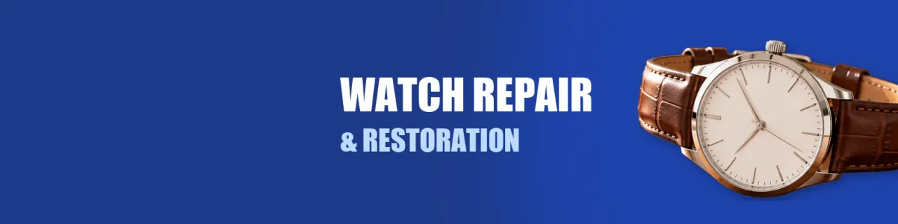 Ukázkový banner na LinkedIn: tmavě modrý, slova WATCH REPAIR & RESTORATION a vpravo výřez náramkových hodinek