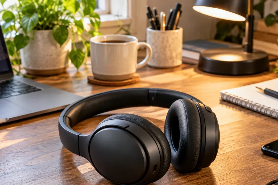 Photo d'un casque audio noir sur un bureau
