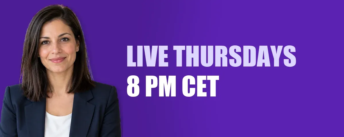 트위치 배너 예시: 짙은 보라색 배경, 왼쪽에 남색 블레이저를 입은 여성의 누끼와 LIVE THURSDAYS 8 PM CET 문구