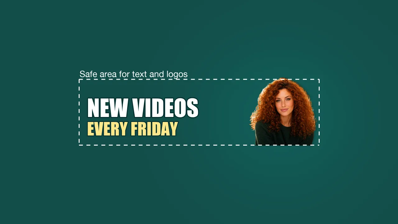 Ukázkový YouTube banner: tmavě modrozelený, slova NEW VIDEOS EVERY FRIDAY a výřez ženy se zrzavými kudrnatými vlasy uvnitř čárkovaného rámečku bezpečné zóny