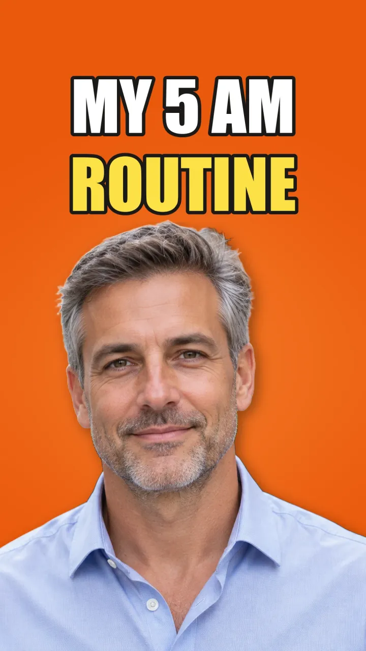 Hotový thumbnail YouTube Shorts: šedovlasý muž na oranžovém pozadí, nad ním slova MY 5 AM ROUTINE