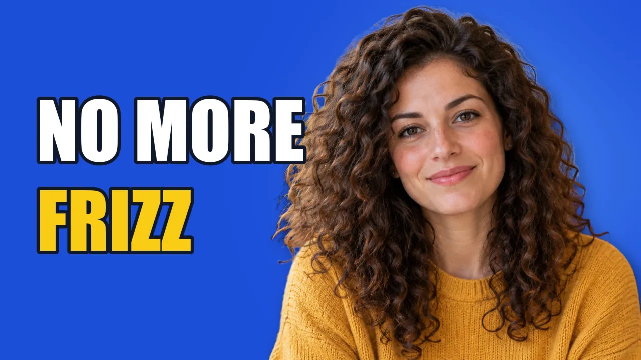 Færdig YouTube thumbnail: kvinden med det krøllede hår på blå baggrund, med ordene NO MORE FRIZZ til venstre