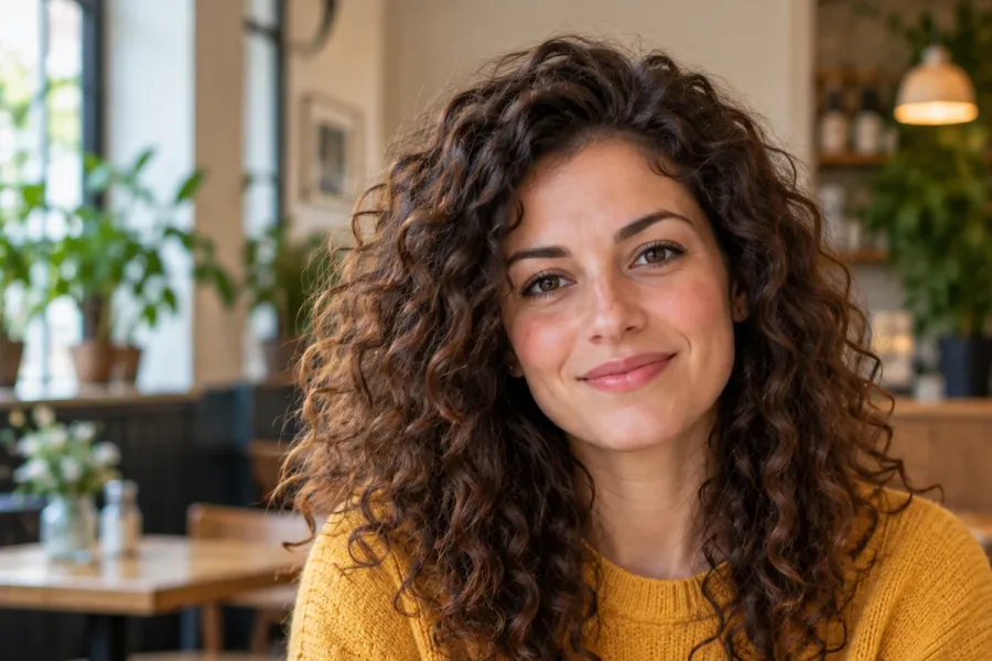 Portræt af en kvinde med langt krøllet hår og en karrygul sweater, på en café